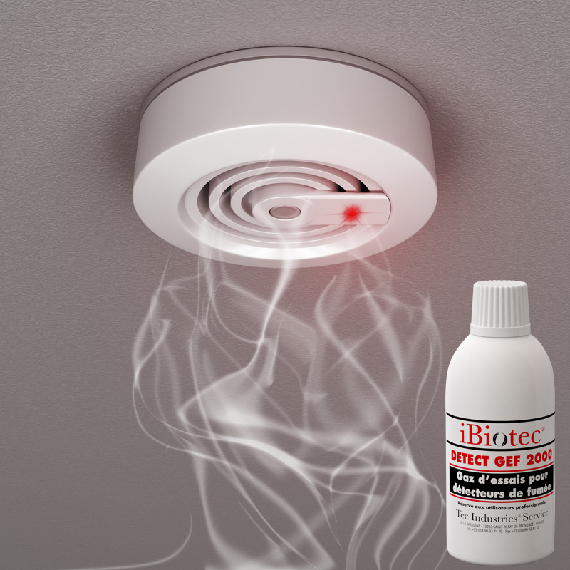 Trial gas for smoke detectors, non-inflammable, guaranteed absence of fluorinated greenhouse gas, response time 3-4 seconds. Guaranteed absence of HFC. Spray smoke. Trial gas (detector / smoke detector). Trial gas for smoke detectors. Aerosol test smoke detector. IBiotec DETECT GEF 2000. Technical aerosols. Maintenance aerosols. Aerosol suppliers. Aerosols manufacturers.